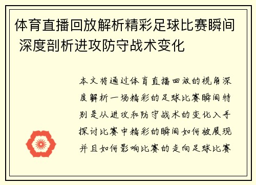 体育直播回放解析精彩足球比赛瞬间 深度剖析进攻防守战术变化